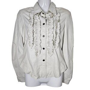 Vintage Italian White Leather Button-Up Jacket with Ruffles by Artico Womens XS